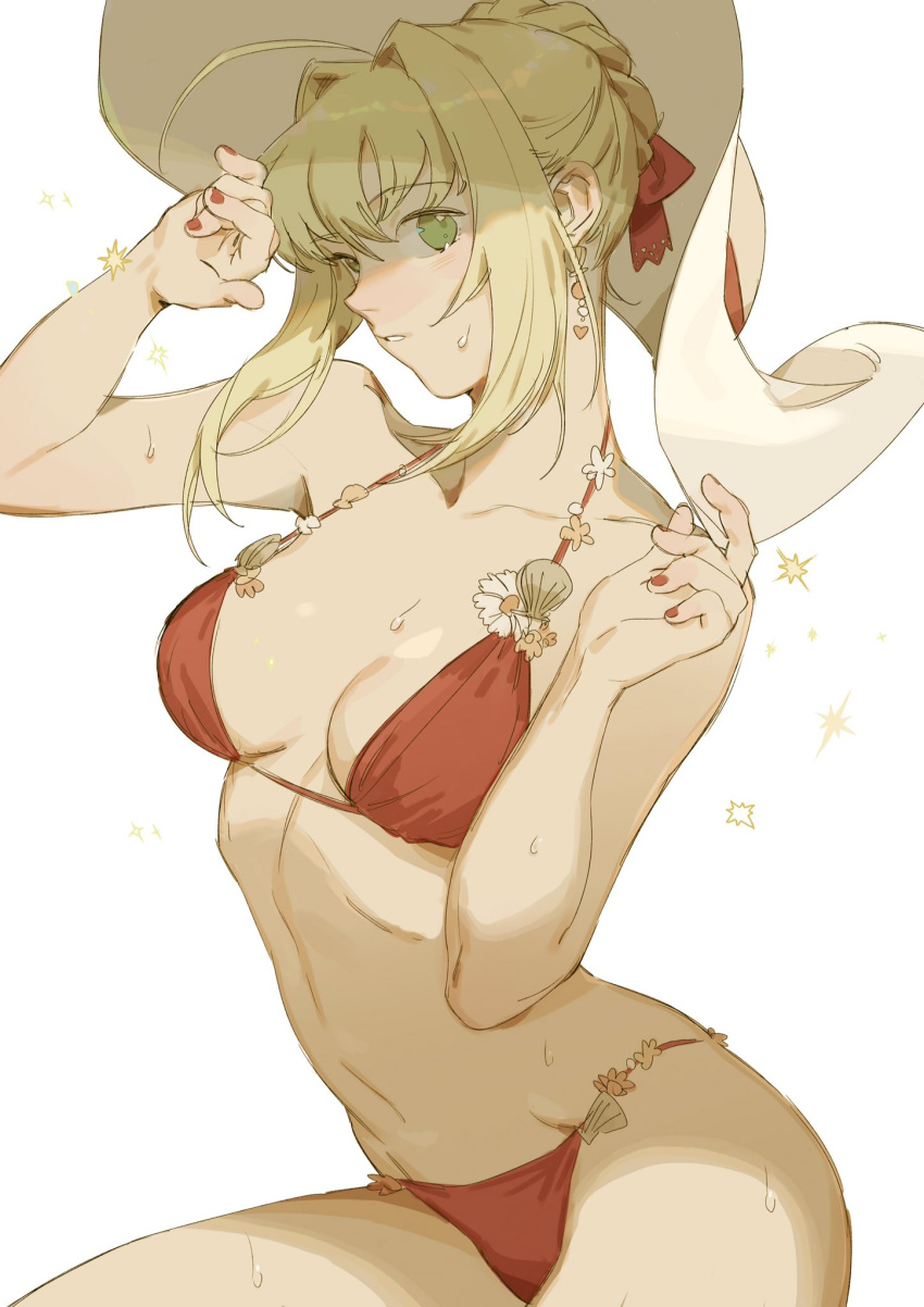1girl, ahoge, bare_shoulders, bikini, blonde_hair, bow, braid, breasts