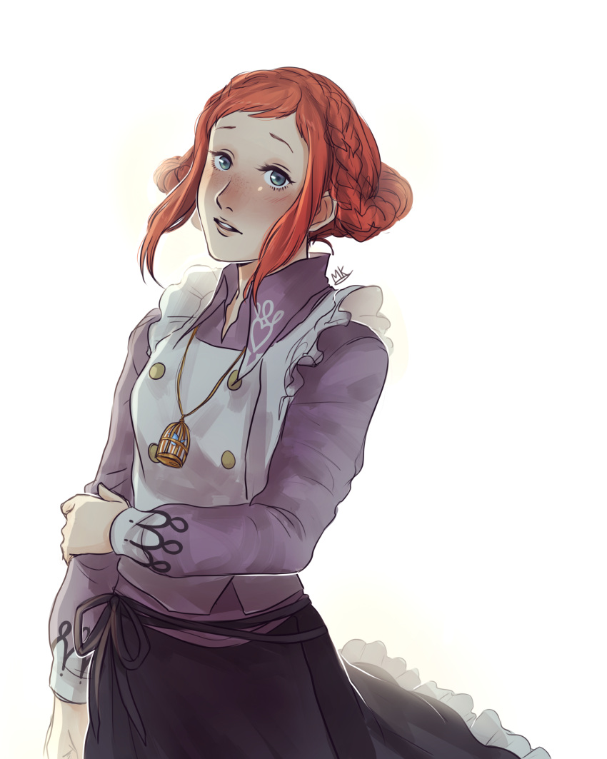 1girl, absurdres, arm_at_side, artist_signature, bird, blue_eyes, bluebird, braid, crown_braid, freckles, highres, jewelry, kyokugen_dasshutsu, kyokugen_dasshutsu_adv:_zennin_shibou_desu, looking_at_viewer, luna_(kyokugen_dasshutsu), mandy_kurosaki, necklace, parted_lips, purple_skirt, redhead, skirt, solo, standing
