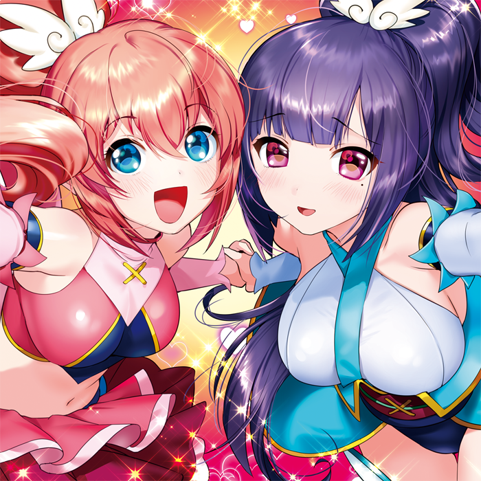 2girls, :d, amatsuki_meguru, angel_rose, angel_sapphire, bare_shoulders, blue_eyes, blush, breasts, hand_holding, heart, kisaragi_sumire, large_breasts, leotard, looking_at_viewer, magical_girl, midriff, mole, mole_under_eye, multiple_girls, navel, official_art, ogino_atsuki, open_mouth, pink_eyes, pink_hair, ponytail, purple_hair, red_eyes, skirt, smile, twin_angel, twin_angel_break