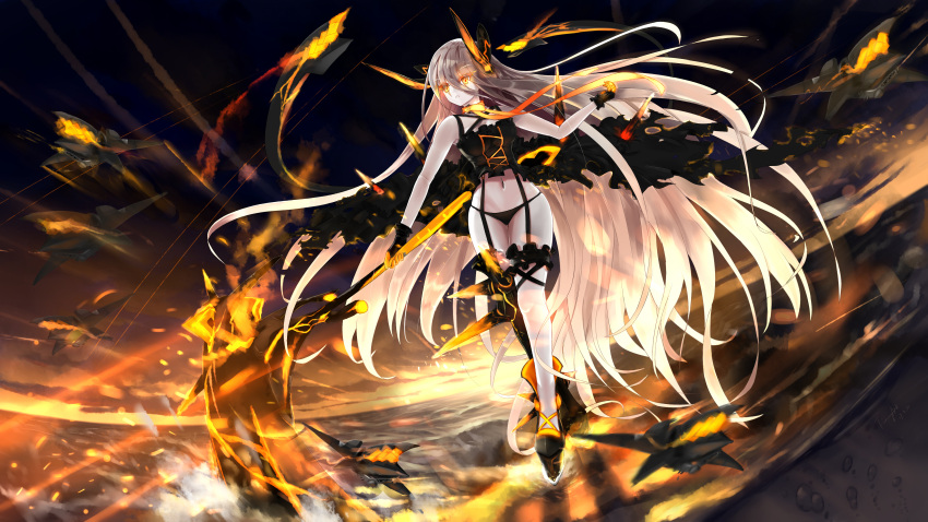 1girl, absurdres, black_bikini_bottom, black_boots, black_vest, boots, camisole, dark_sky, dutch_angle, enemy_zuikaku_(zhan_jian_shao_nyu), fancyark, floating_hair, frilled_vest, gloves, glowing, glowing_eyes, glowing_weapon, grey_hair, hair_between_eyes, hand_up, highres, holding, holding_scythe, holding_weapon, horns, jewelry, leg_garter, long_hair, looking_away, multicolored, multicolored_clothes, multicolored_gloves, navel, neck_ribbon, neck_ring, on_water, open_mouth, orange_eyes, orange_ribbon, outdoors, ribbon, scythe, single_thigh_boot, skyline, solo, sparks, spikes, strap, very_long_hair, vest, walking, water, waves, weapon, zhan_jian_shao_nyu