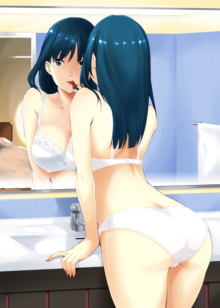 1girl, applying_makeup, arm_support, ass, bathroom, bed, blue_eyes, blue_hair