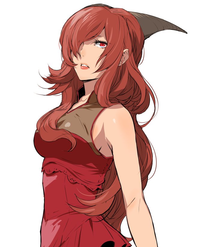 1girl, aka_no_joou, collarbone, curly_hair, dress, enami_katsumi, hair_over_one_eye, horns, isekai_shokudou, long_hair, red_dress, red_eyes, simple_background, sleeveless, sleeveless_dress, solo, white_background