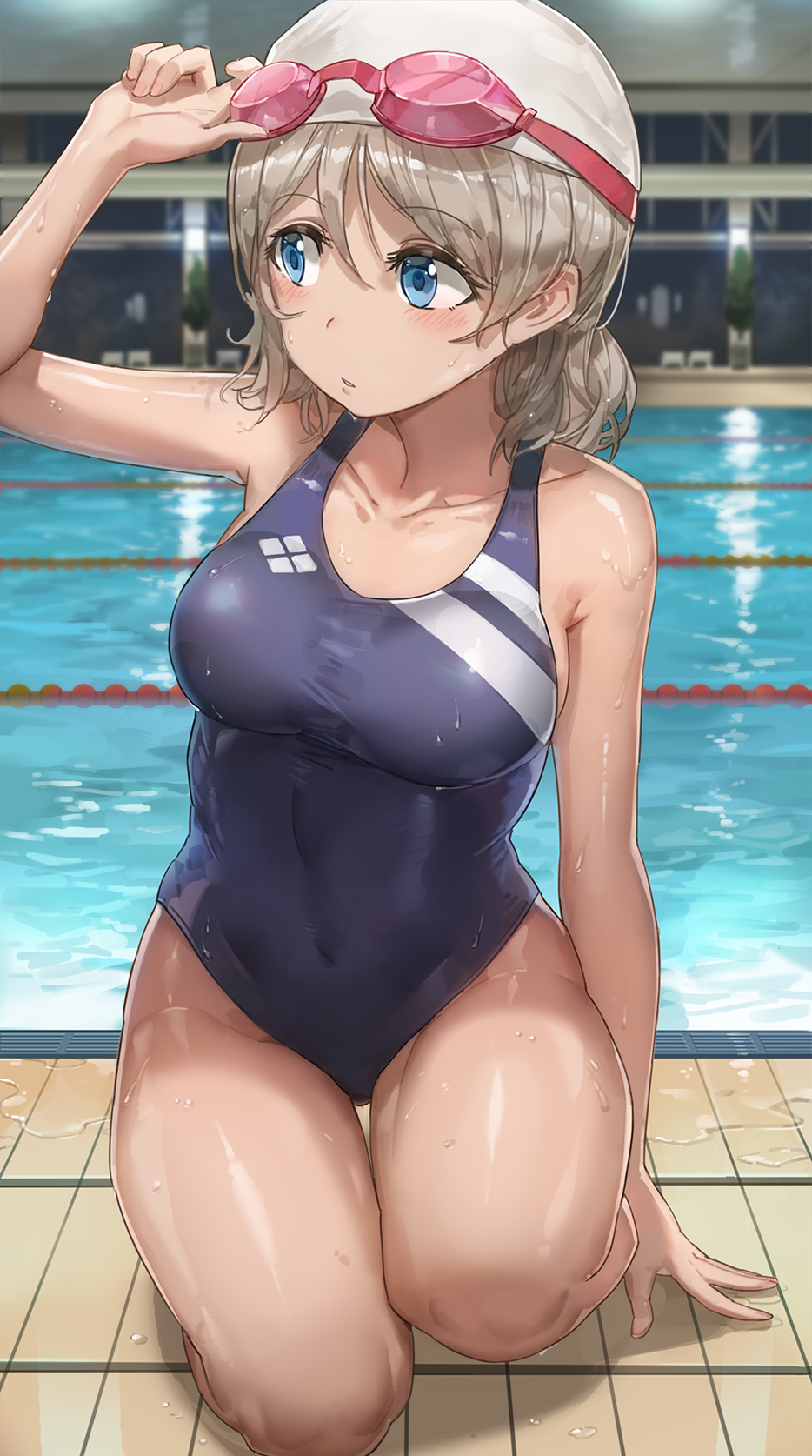 1girl, adjusting_goggles, arm_support, bare_arms, bare_legs, blue_eyes, blue_swimsuit, blurry