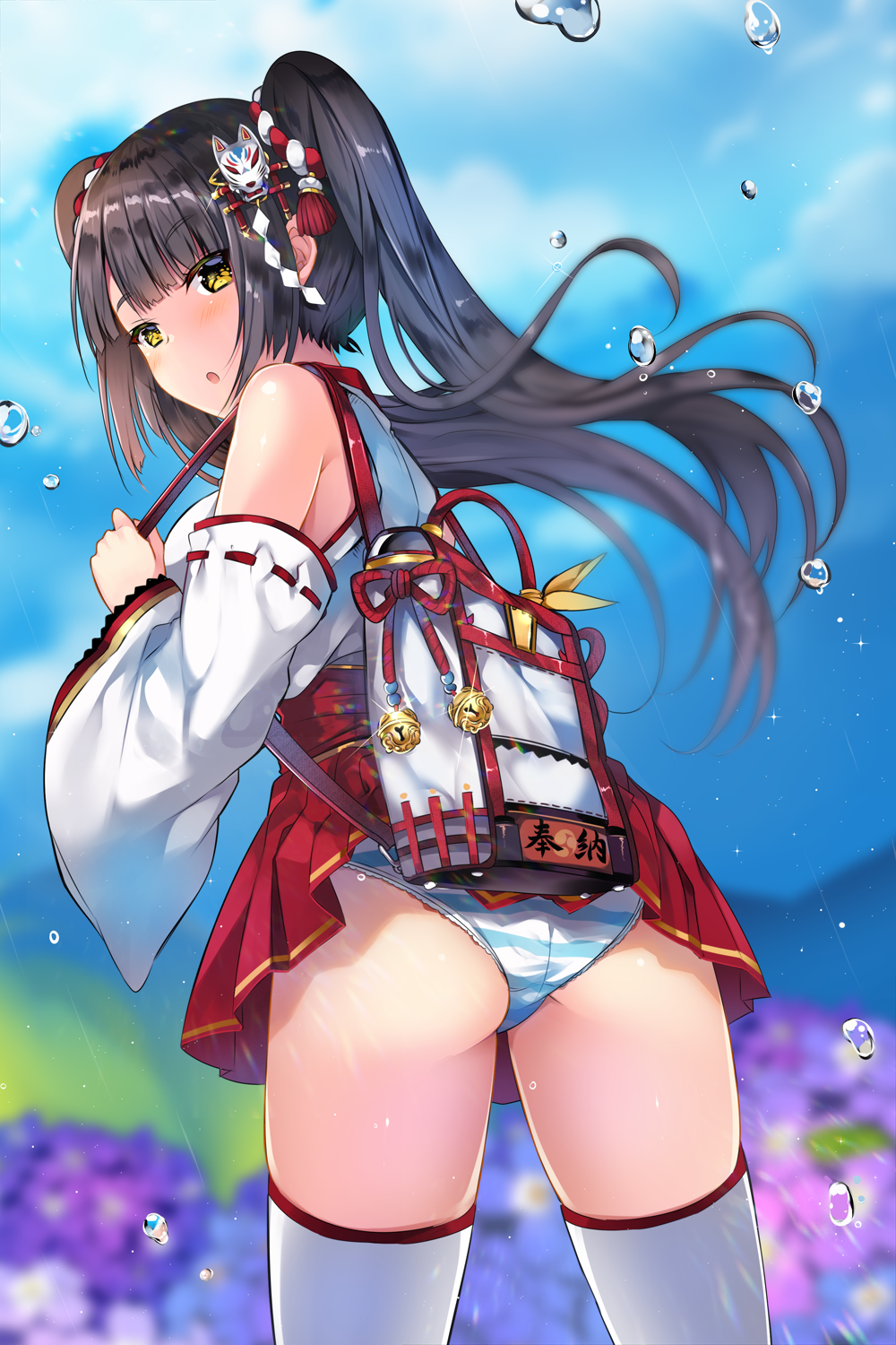 1girl, :o, bag, bangs, bell, black_hair, blue_sky, blunt_bangs