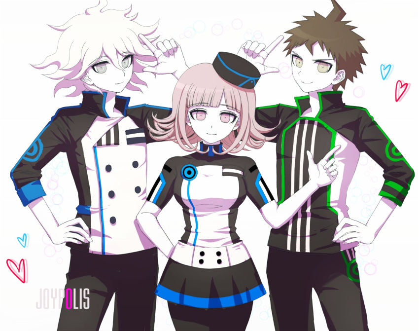 1girl, 2boys, ahoge, bangs, blue_eyes, blunt_bangs, brown_hair, copyright_name, cowboy_shot, dangan_ronpa, doraraemon, employee_uniform, grey_eyes, hand_on_hip, heat, hinata_hajime, joypolis, komaeda_nagito, multiple_boys, nanami_chiaki, pillbox_hat, purple_hair, simple_background, smile, super_dangan_ronpa_2, uniform, violet_eyes, white_background, white_hair