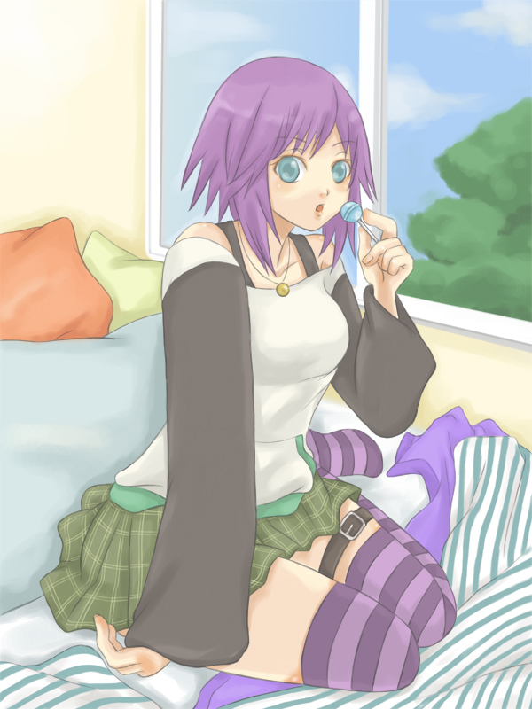 bed, blue_eyes, breasts, candy, cord-yoshikazu, lollipop, plaid, purple_hair