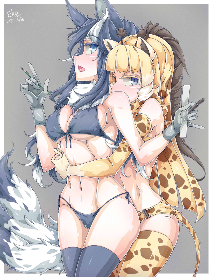 animal_ears, bikini, blonde_hair, elbow_gloves, falco_arrow, giraffe_ears, giraffe_horns, gloves