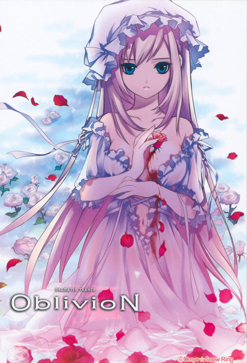 blonde_hair, blood, blue_eyes, bonnet, breasts, cleavage, d_myo, dj_max