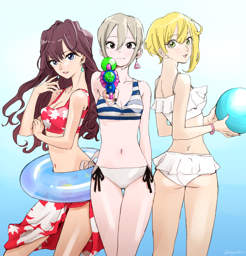 3girls, :3, ass, ball, beachball, bikini, blonde_hair, blue_background