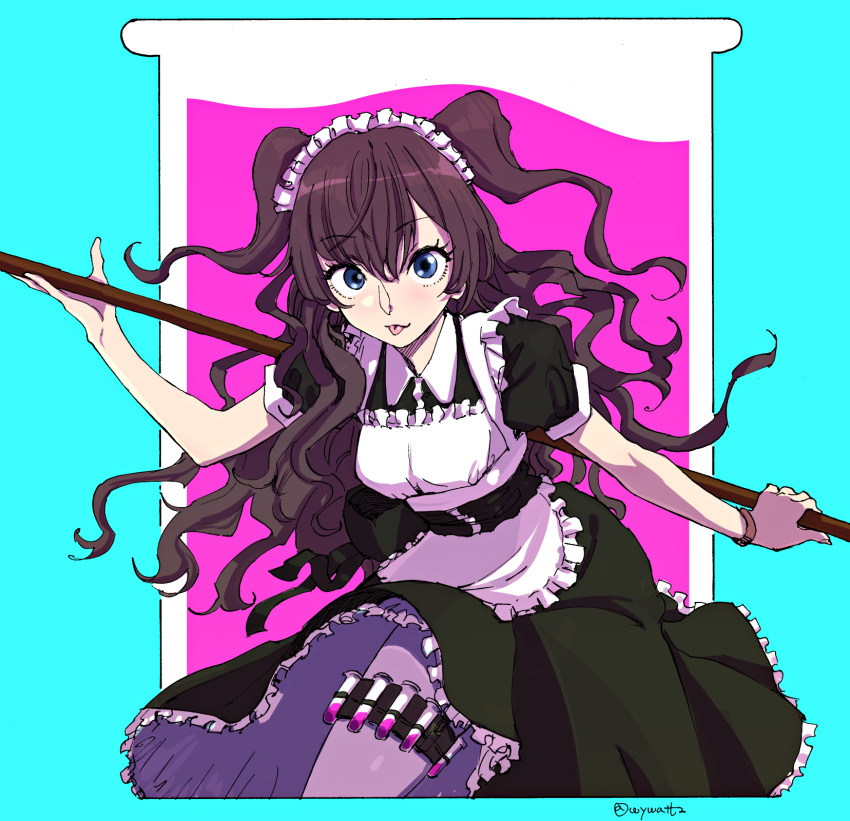 1girl, alternate_costume, apron, aqua_background, beaker, beaker_holster, black_dress, blue_eyes