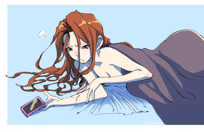 1girl, blanket, bleary, breasts, brown_eyes, brown_hair, cellphone, cleavage