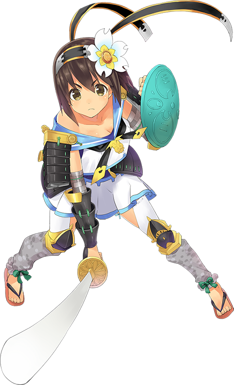 1girl, artist_request, breasts, brown_hair, cleavage, full_body, holding, holding_shield