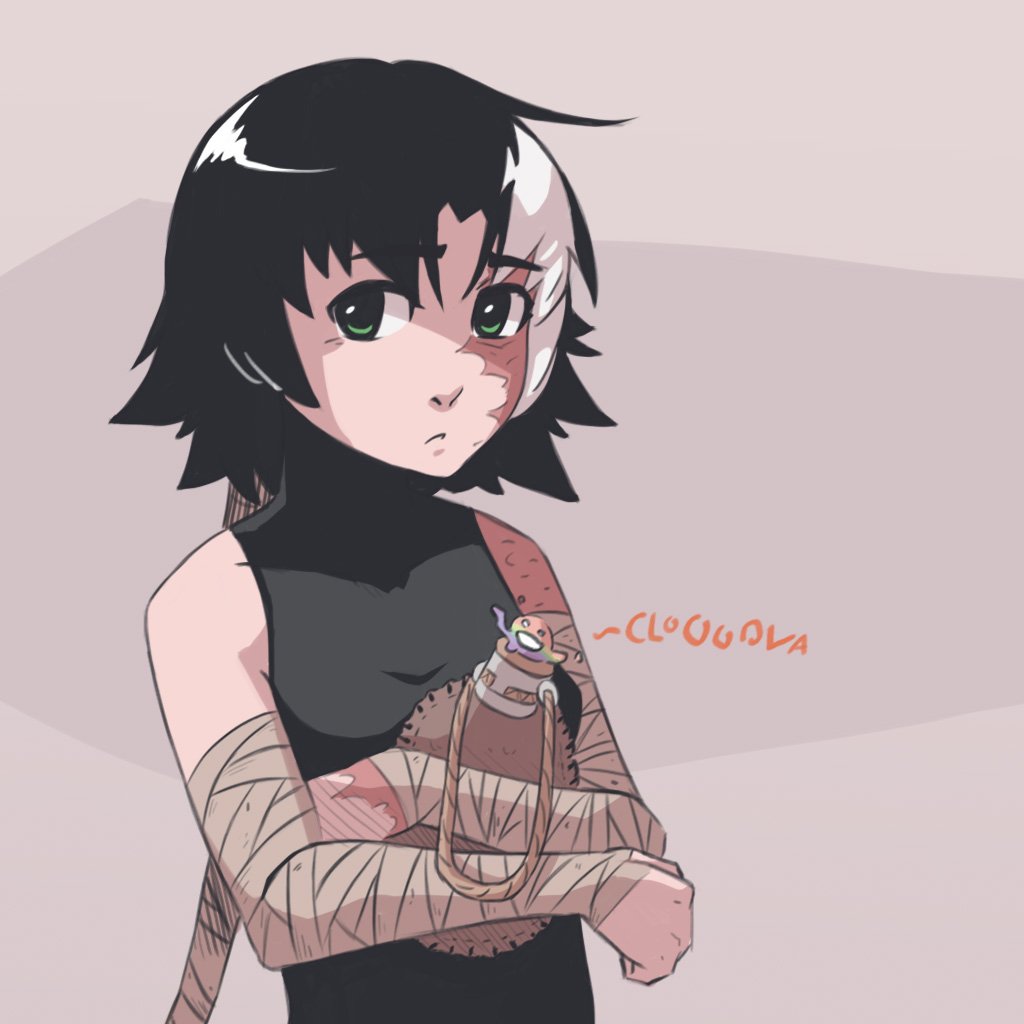1girl, bandage, black_hair, borrowed_character, burn_scar, commentary, green_eyes, long_hair