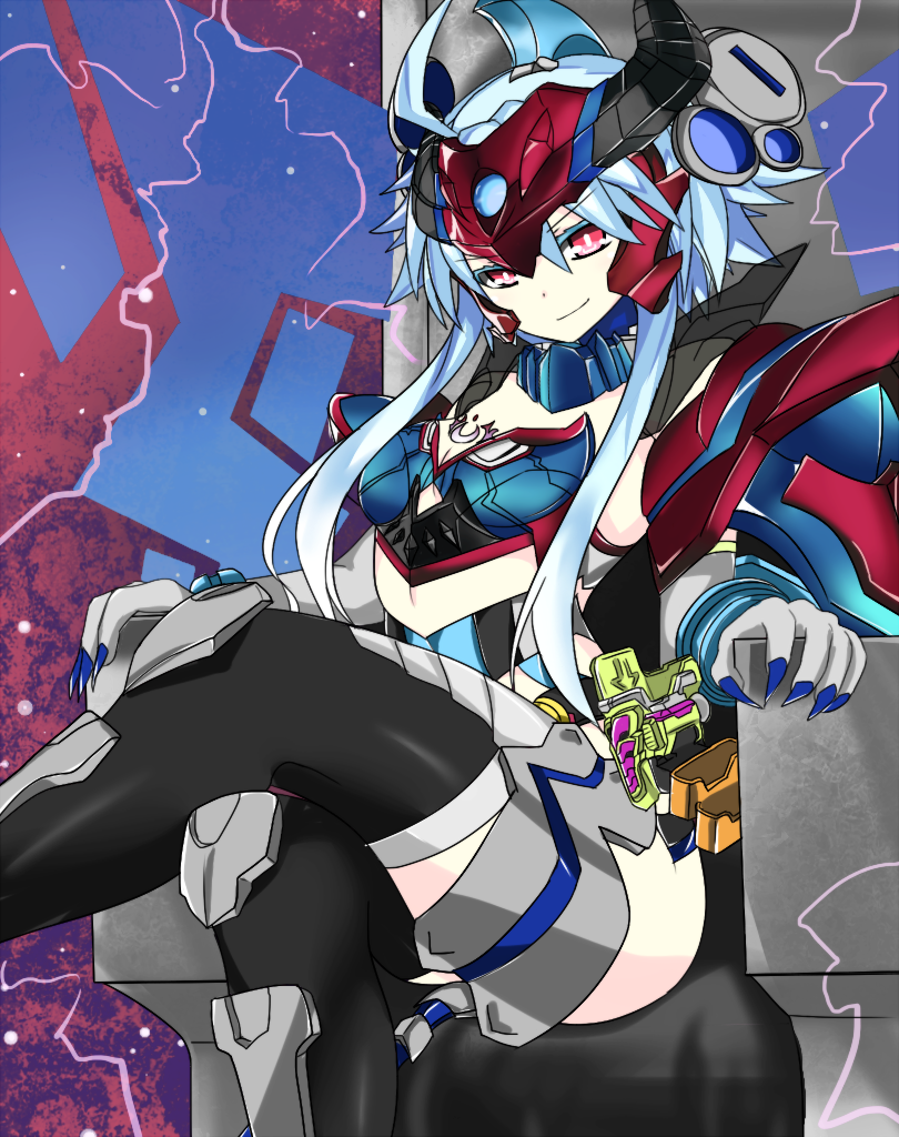 1girl, blue_hair, blue_nails, choujigen_game_neptune, female, fingernails, kamen_rider, kamen_rider_brave