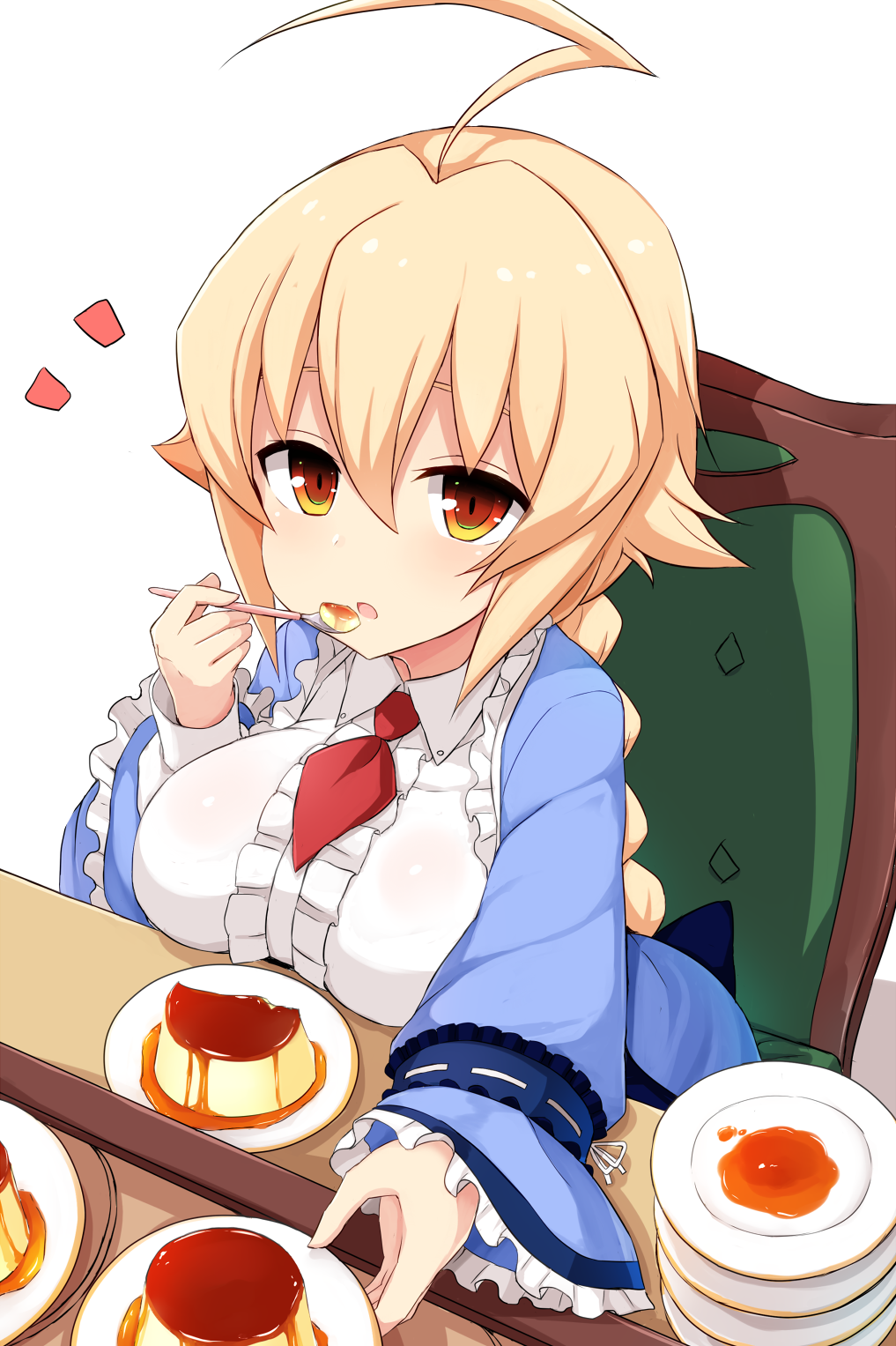 1girl, :o, ahoge, bangs, blazblue, blonde_hair, braid, breast_rest, breasts, caramel, center_frills, chair, collared_shirt, commentary, creme_caramel, dessert, eating, es_(xblaze), expressionless, food, frilled_sleeves, frills, from_above, hair_between_eyes, hair_flaps, highres, holding, holding_spoon, huge_ahoge, large_breasts, long_hair, long_sleeves, looking_at_viewer, necktie, ocha_(ochappie), orange_eyes, outstretched_arm, plate, plate_stack, pudding, red_necktie, shadow, shirt, sidelocks, simple_background, single_braid, sitting, solo, spoon, white_background, white_shirt, xblaze, xblaze_code:_embryo