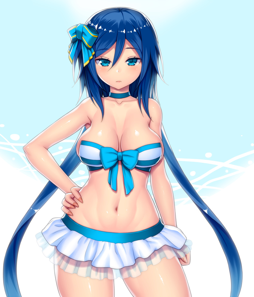 1girl, arm_at_side, armpit_peek, asamura_hiori, bangs, bikini, bikini_skirt, blue_bikini