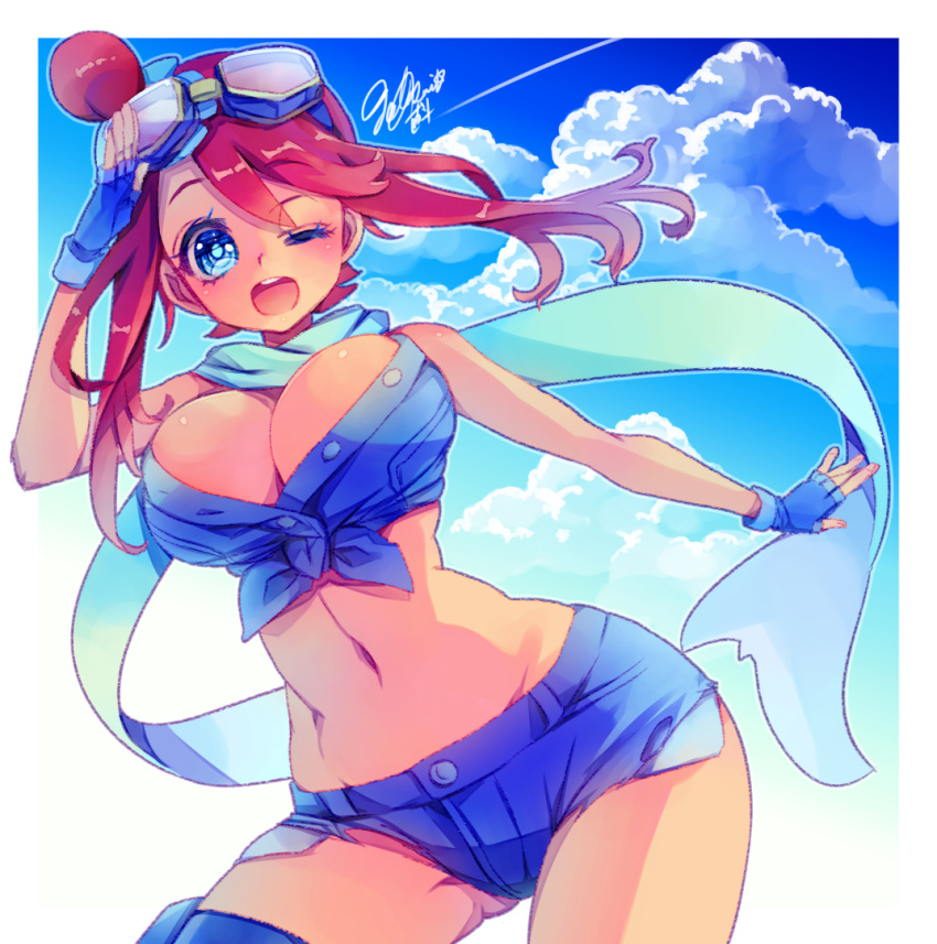 1girl, ;d, adapted_costume, arm_at_side, bare_arms, bare_shoulders, blue_eyes, blue_sky