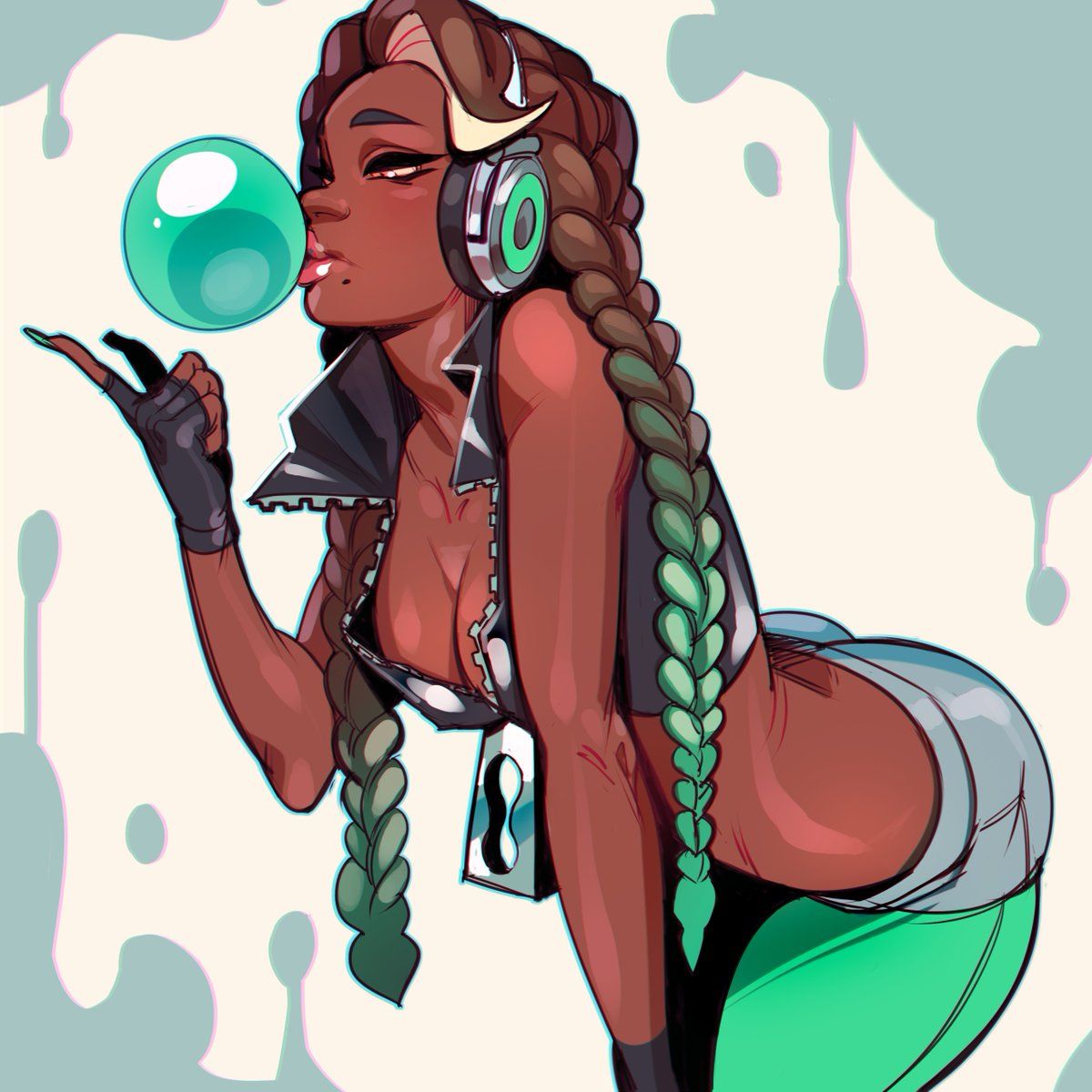 bare_shoulders, bent_over, braid, bubble_blowing, chewing_gum, dark_skin, fingerless_gloves, gloves, gradient, green_legwear, headphones, highres, lips, long_hair, marina_(splatoon), mole, mole_under_mouth, multicolored_hair, nail_polish, nicole_echeverria, personification, short_shorts, shorts, splatoon, splatoon_2, twin_braids, zipper