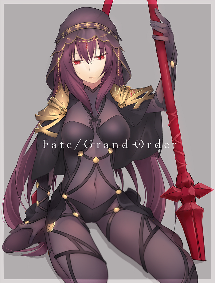 1girl, aikanm, bangs, bodysuit, breasts, closed_mouth, copyright_name, covered_navel, eyebrows_visible_through_hair, fate/grand_order, fate_(series), gae_bolg, hair_between_eyes, holding_spear, kneeling, long_hair, looking_down, medium_breasts, purple_hair, red_eyes, scathach_(fate/grand_order), sidelocks, solo, thighs, veil