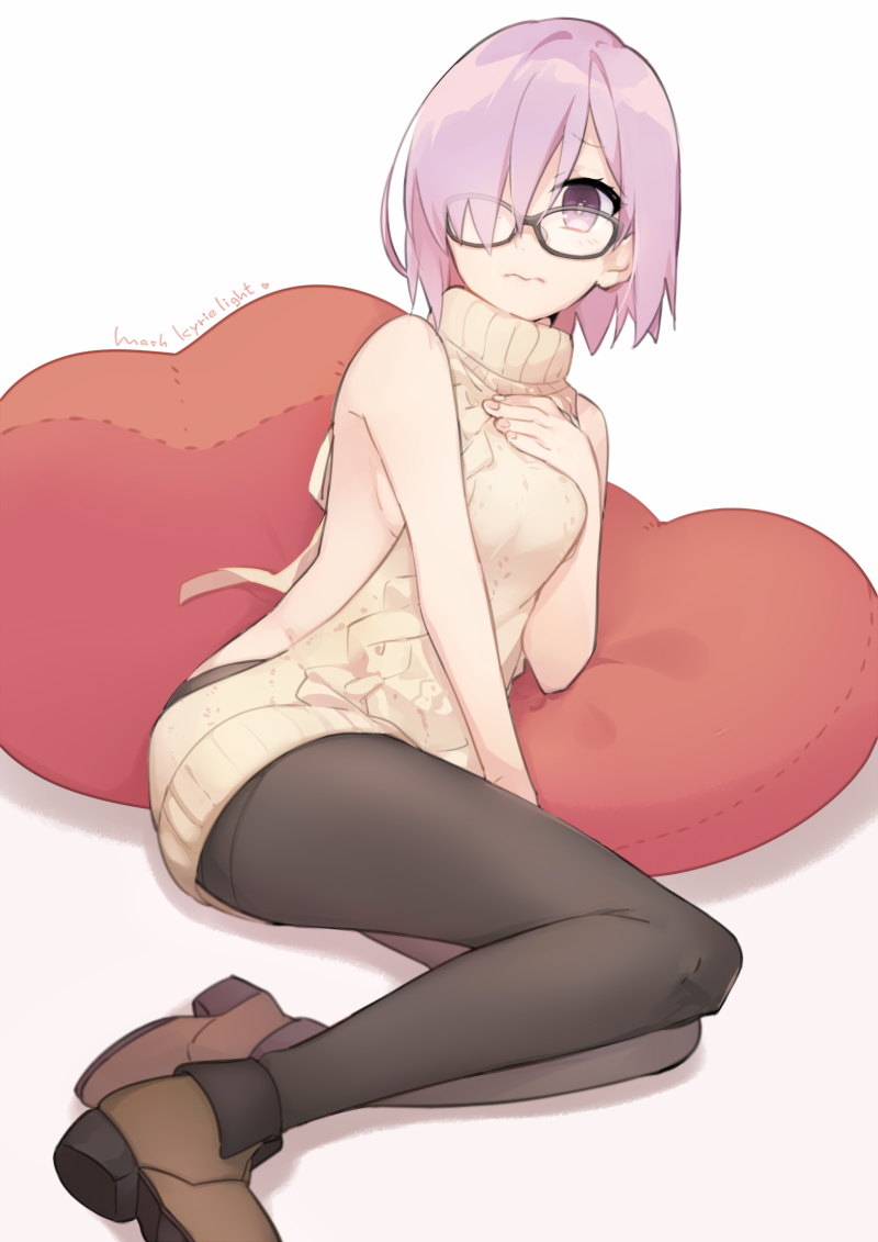 1girl, 3:, aikanm, aran_sweater, backless_outfit, bangs, black-framed_eyewear, boots