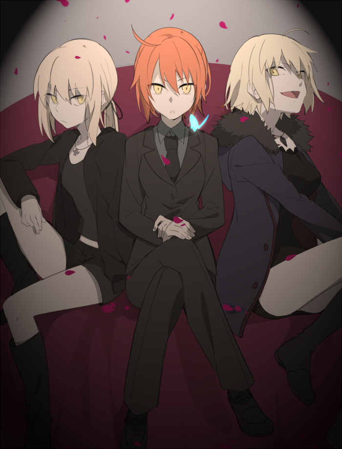 3girls, :d, ahoge, aikanm, bangs, black_necktie, black_shorts, blonde_hair