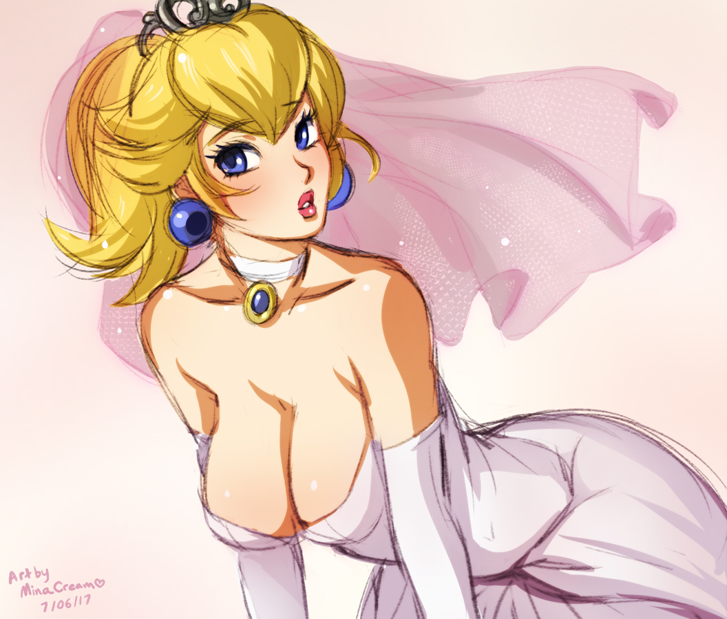 1girl, bare_shoulders, bent_over, blonde_hair, blue_eyes, breasts, bridal_veil, choker