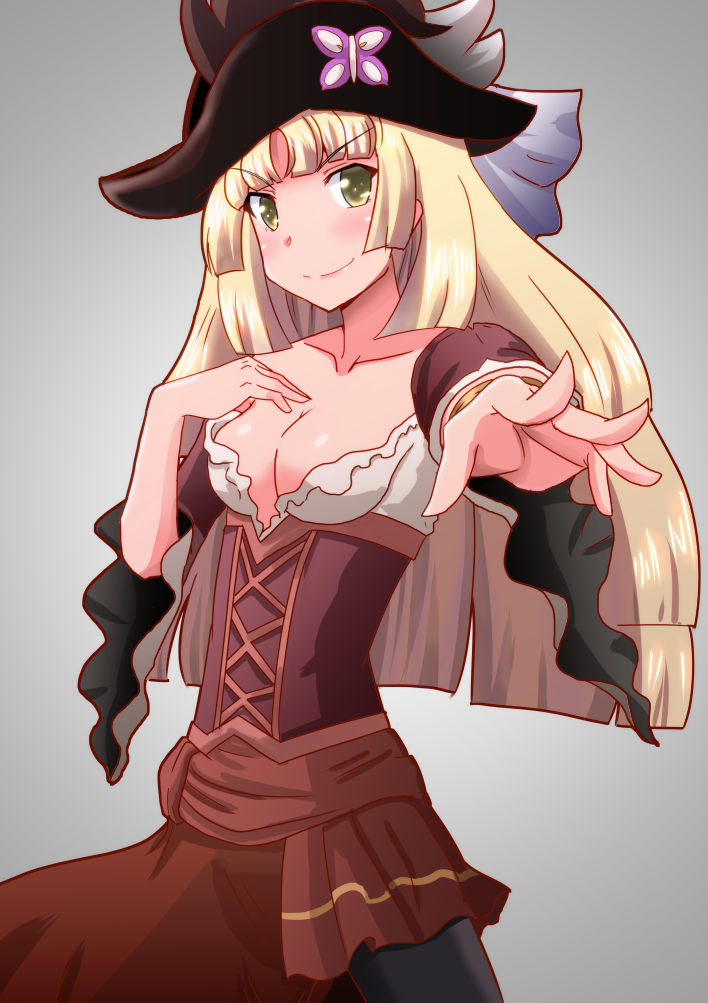 1girl, bangs, blonde_hair, breasts, butterfly, cleavage, collarbone, corset