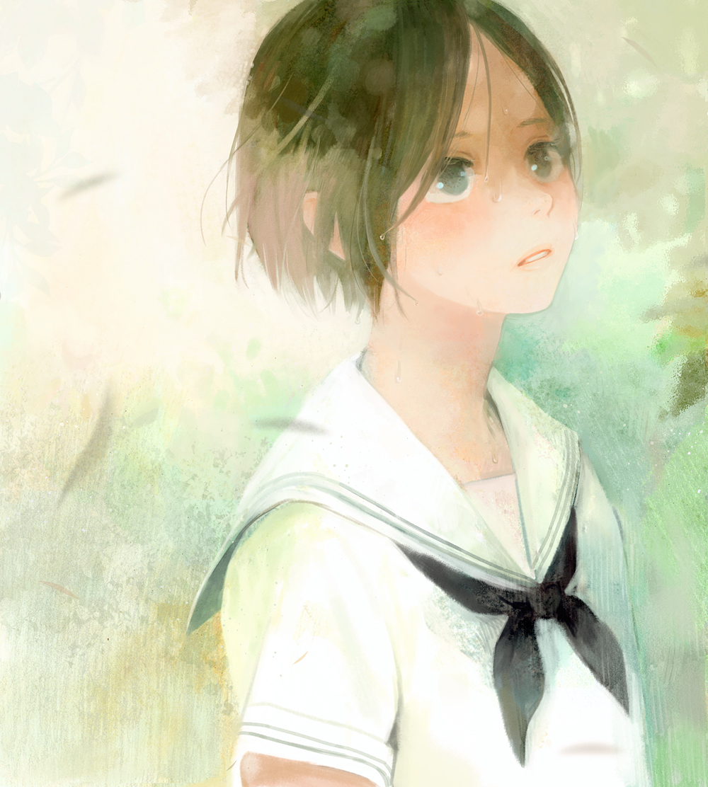 1girl, black_kerchief, blouse, bob_cut, brown_hair, commentary_request, grey_eyes, kerchief, nakamura_hinata, original, sailor_collar, school_uniform, serafuku, short_hair, short_sleeves, solo, upper_body, white_blouse, white_sailor_collar