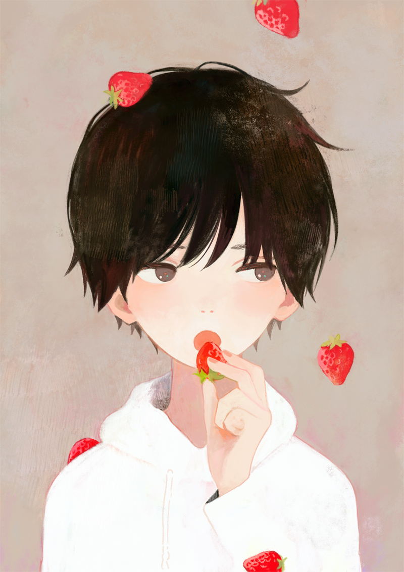 1boy, androgynous, black_hair, brown_eyes, drawstring, food, fruit, holding, holding_fruit, hood, hooded_jacket, jacket, light_brown_background, long_sleeves, looking_to_the_side, male_focus, nakamura_hinata, open_mouth, original, solo, strawberry, upper_body, white_jacket