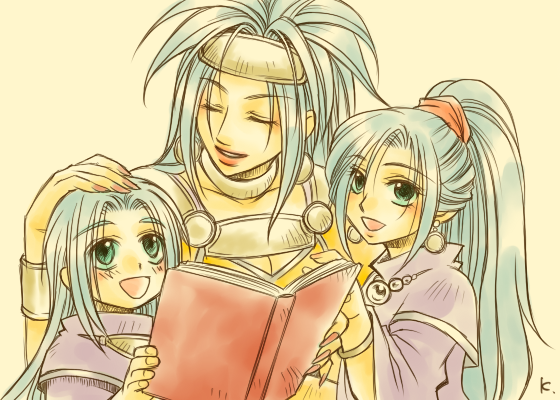 blue_hair, book, chrono_trigger, janus_zeal, kuro_inu_(red_noname_king), long_hair, multiple_girls, ponytail