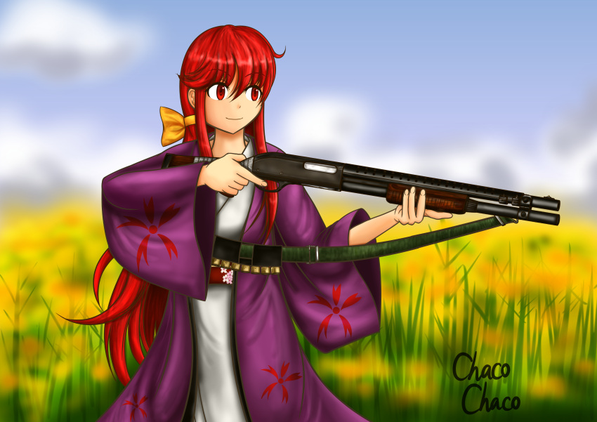 1girl, absurdres, artist_name, bow, chacochaco, field, flower, flower_field, gun, hair_bow, highres, japanese_clothes, kimono, kotohime, obi, red_eyes, redhead, remington_870, sash, shotgun, shotgun_shells, smile, touhou, touhou_(pc-98), weapon, wide_sleeves