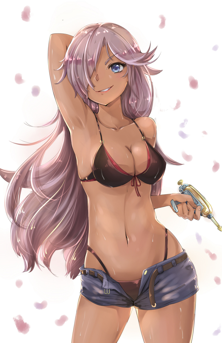 1girl, :d, arm_behind_back, arm_behind_head, arm_up, armpits, bare_arms, bare_legs, bare_shoulders, beam_gun, belt, bikini, black_bikini, blue_eyes, blue_shorts, breasts, brown_bikini, buttons, cinderella_(sinoalice), cleavage, collarbone, dark_skin, eyebrows_visible_through_hair, eyelashes, front-tie_bikini, front-tie_top, grin, gun, hair_over_one_eye, handgun, highleg, highleg_bikini, highres, holding, holding_gun, holding_weapon, kyouki_no_d-kun, lavender_hair, legs_apart, long_hair, looking_at_viewer, medium_breasts, micro_bikini, midriff, navel, one_eye_covered, open_fly, open_mouth, petals, pink_lips, purple_hair, shiny, shiny_skin, short_shorts, shorts, simple_background, sinoalice, smile, solo, string_bikini, swimsuit, teeth, unbuttoned, undone_belt, weapon, white_background