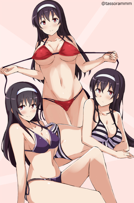 arm_support, armpit_peek, bangs, bare_arms, bare_shoulders, bikini, black_hair, blush, breasts, cleavage, collarbone, commentary_request, cosplay, groin, hairband, halter_top, halterneck, horizontal_stripes, kasumigaoka_utaha, katou_megumi, katou_megumi_(cosplay), knee_up, legs_crossed, long_hair, looking_at_viewer, lying, medium_breasts, multiple_views, navel, on_side, pink_background, purple_bikini, red_bikini, saenai_heroine_no_sodatekata, sawamura_spencer_eriri, sawamura_spencer_eriri_(cosplay), side-tie_bikini, sitting, smile, stomach, striped, striped_bikini, swimsuit, tasora, twitter_username, undressing, untied, untied_bikini, violet_eyes