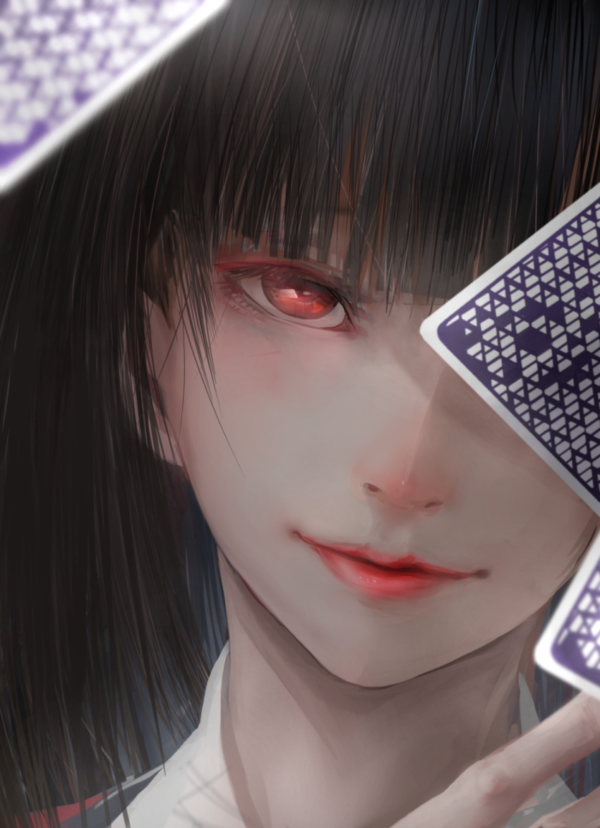 1girl, bangs, black_hair, blunt_bangs, blush, card, close-up, commentary_request, eyelashes, face, highres, hime_cut, jabami_yumeko, kakegurui, lips, long_hair, looking_at_viewer, playing_card, portrait, red_eyes, solo, yamamoto_no_ari