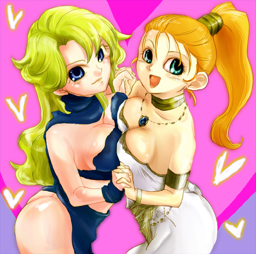 ayla, bad_id, blonde_hair, breast_press, breasts, chrono_trigger, green_eyes, jewelry, long_hair, lowres, marle, multiple_girls, pendant, ponytail, purple_eyes, sakata3, symmetrical_docking, violet_eyes, yuri
