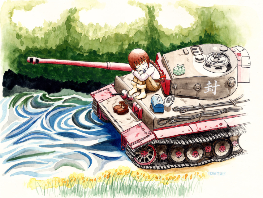 1girl, ground_vehicle, military, military_vehicle, motor_vehicle, rika_(touhou), sleeping, tank