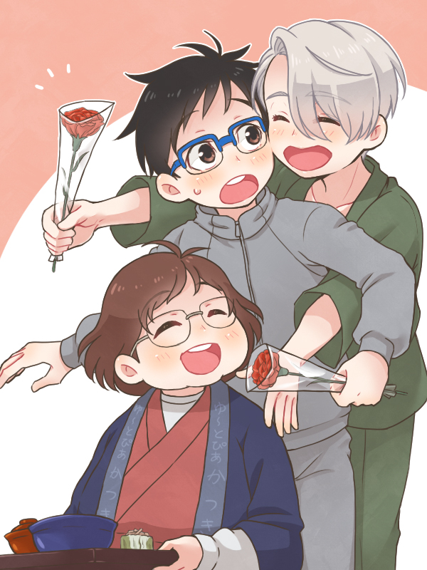 1girl, 2boys, ^_^, black_hair, blue-framed_eyewear, bowl, brown_eyes, brown_hair
