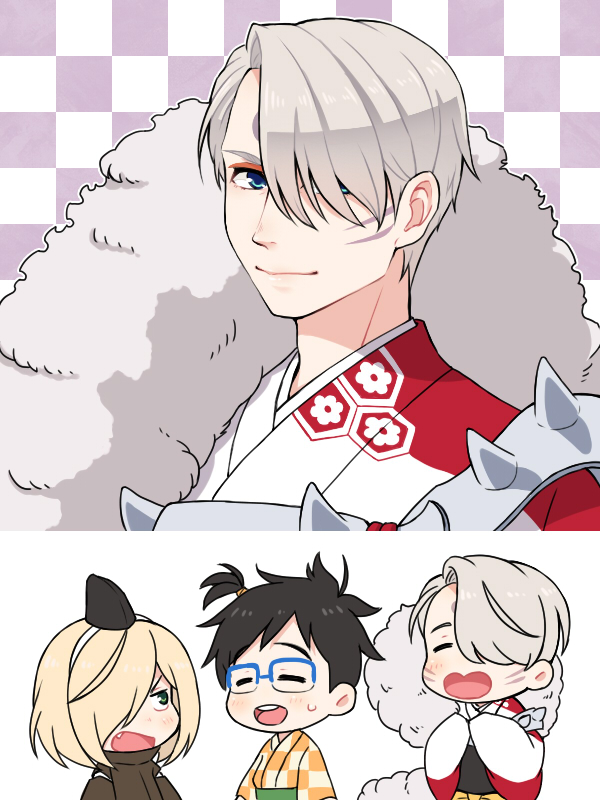 3boys, ^_^, armor, black_hair, blonde_hair, blue-framed_eyewear, blue_eyes, checkered