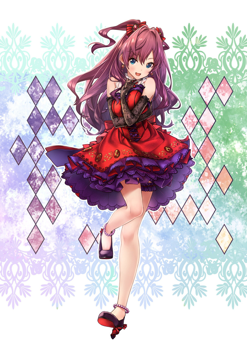 1girl, absurdres, anklet, baffu, bare_shoulders, bead_anklet, black_gloves, blue_eyes