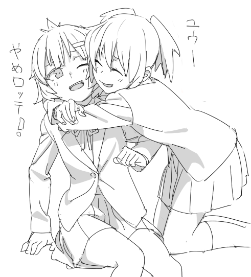 2girls, ahoge, black_rock_shooter, blush, cheek-to-cheek, cheek_press, closed_eyes, commentary_request, hug, koutari_yuu, kuroi_mato, lineart, monochrome, multiple_girls, one_eye_closed, open_mouth, school_uniform, short_hair, sitting, smile, tatsuki3594, translation_request, twintails