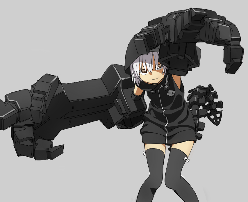1girl, black_rock_shooter, brown_eyes, commentary_request, detached_sleeves, flat_chest, hood, hoodie