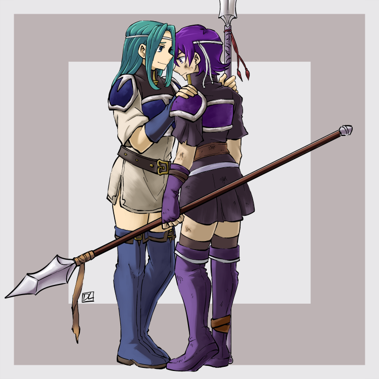 2girls, aqua_hair, armor, armored_dress, arms_at_sides, belt, black_dress, black_uniform