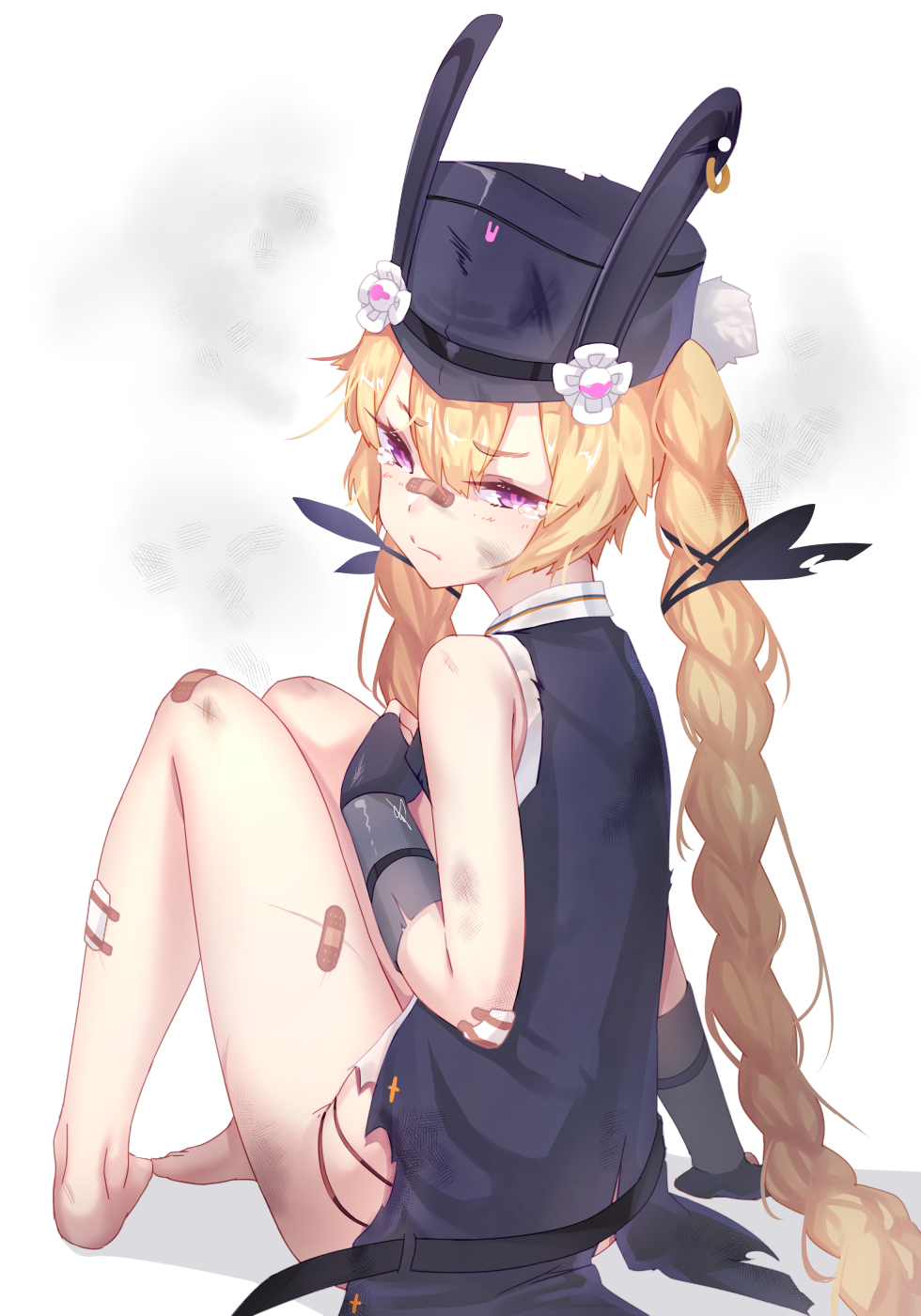 1girl, bandage, barefoot, black_gloves, black_hat, blonde_hair, blush, braid