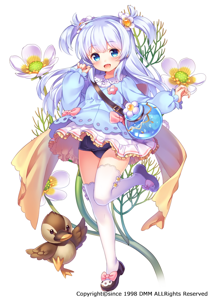 1girl, :d, baikamo_(flower_knight_girl), bird, black_shoes, blue_eyes, blue_hair, blue_shirt