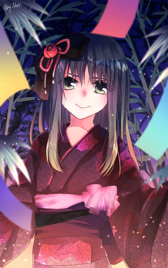 1girl, black_hair, bow, eyelashes, eyes_visible_through_hair, floral_print, green_eyes, hair_bow