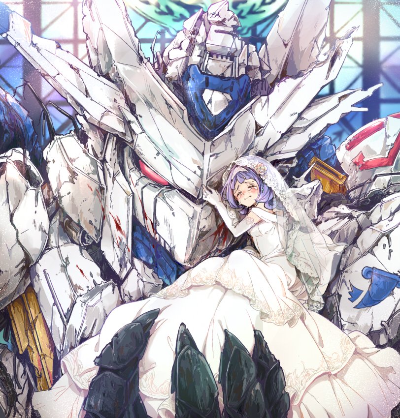 1girl, almiria_bauduin, blood, blood_stain, bridal_veil, closed_eyes, crying, damaged