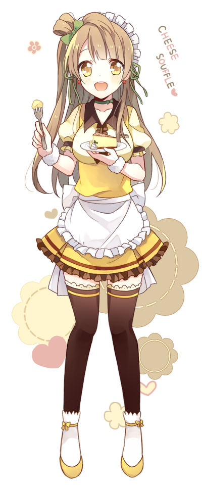 1girl, apron, bangs, black_legwear, blush, brown_hair, coco's, cowlick