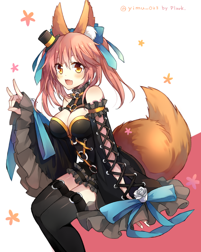 1girl, :d, animal_ears, bangs, black_legwear, blue_bow, blush, bow, breasts, cleavage, detached_sleeves, fang, fate/extra, fate_(series), fox_ears, fox_shadow_puppet, fox_tail, frills, hair_between_eyes, hair_bow, hair_ornament, hat, long_hair, looking_at_viewer, medium_breasts, mini_hat, mini_top_hat, o-ring, o-ring_top, open_mouth, pink_background, pink_hair, plurk_username, sitting, smile, solo, tail, tamamo_(fate)_(all), tamamo_no_mae_(fate), thigh-highs, top_hat, twintails, two-tone_background, white_background, yellow_eyes, yimu