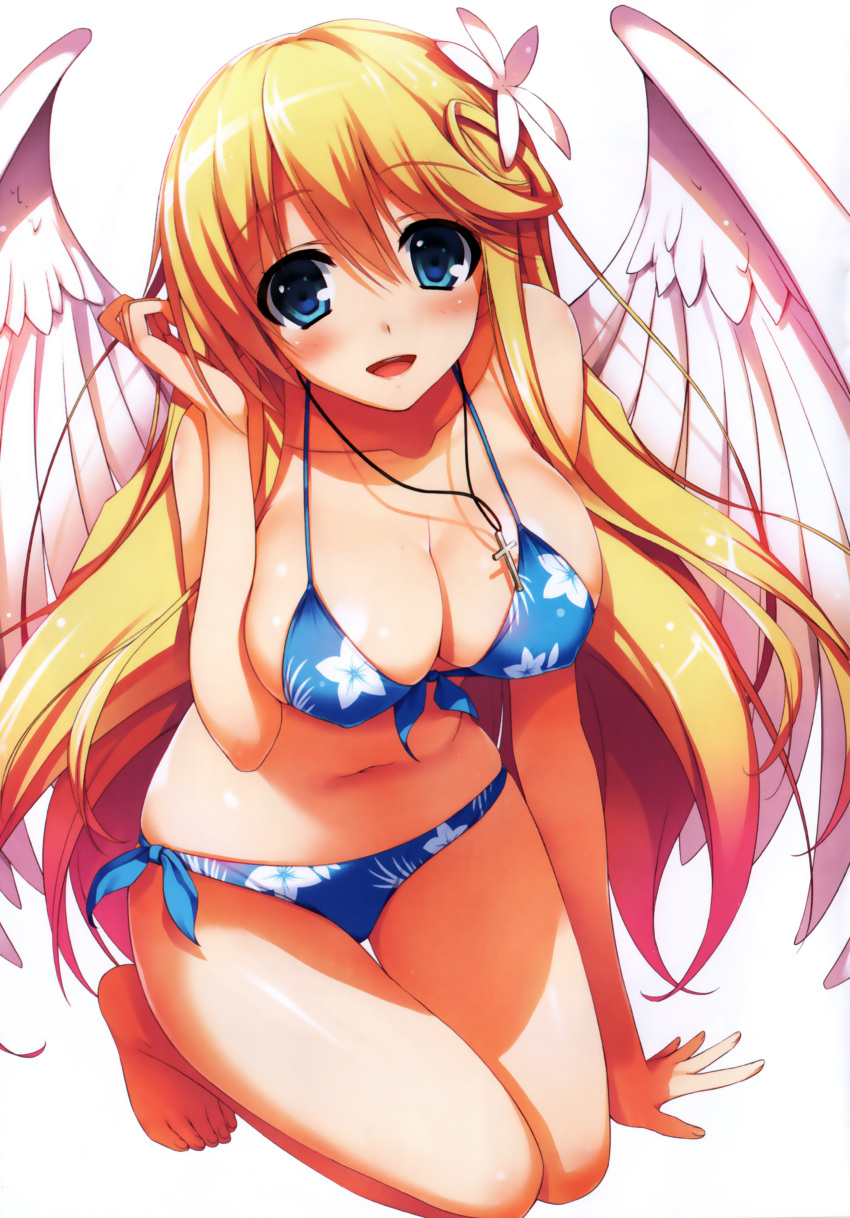 1girl, absurdres, angel_wings, bare_shoulders, bikini, blonde_hair, blue_eyes, blush