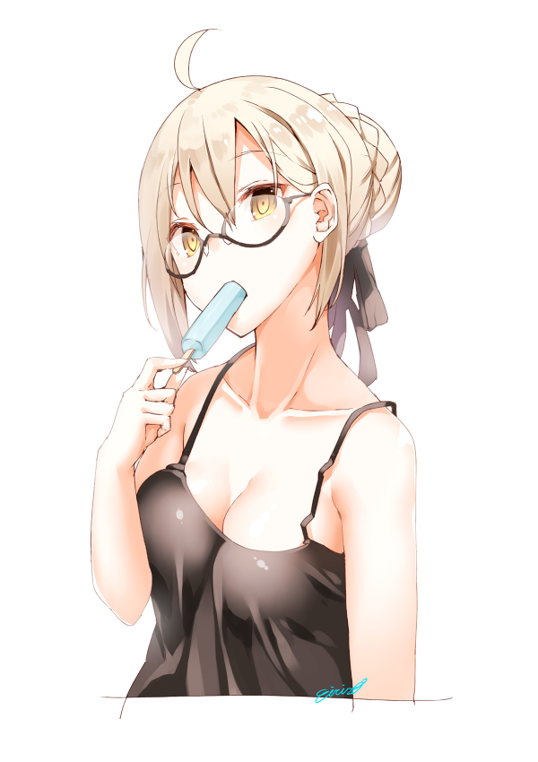 1girl, ahoge, artist_name, bangs, black-framed_eyewear, black_ribbon, blonde_hair, braid